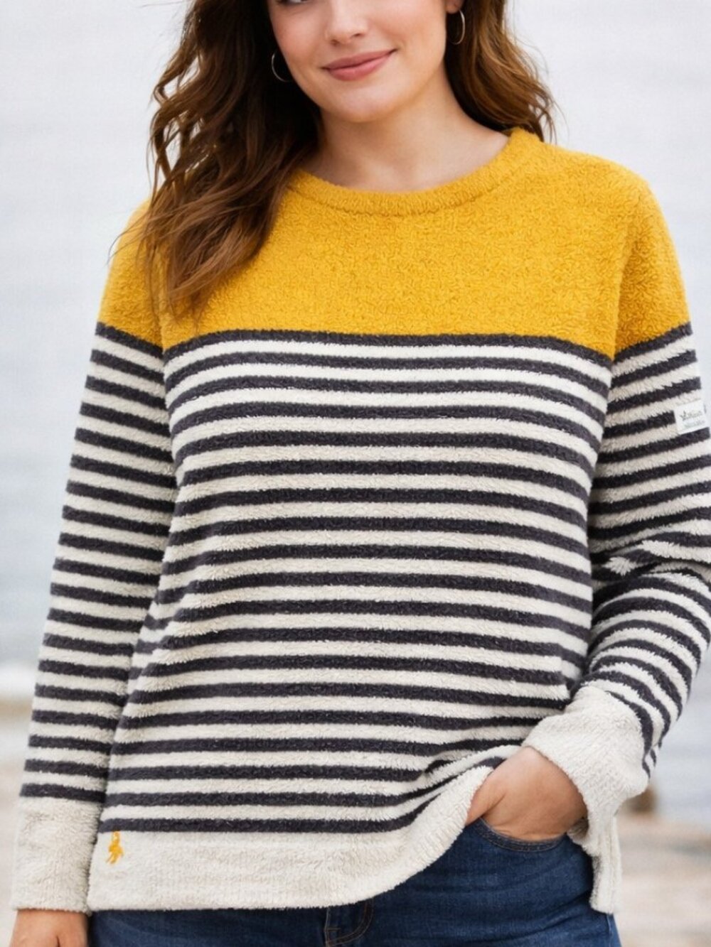 Joules Seaham Chenille Stripe Jumper Womens US 8 Grey Cream Gold Sweater